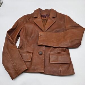 chic Margaret Godfrey Leather Blazer Women 8P Brown Quiet Luxury Minimalist